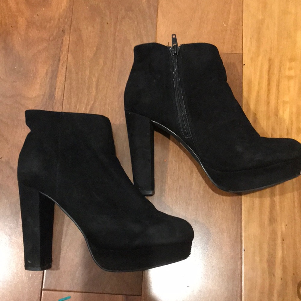 Black suede heel ankle booties